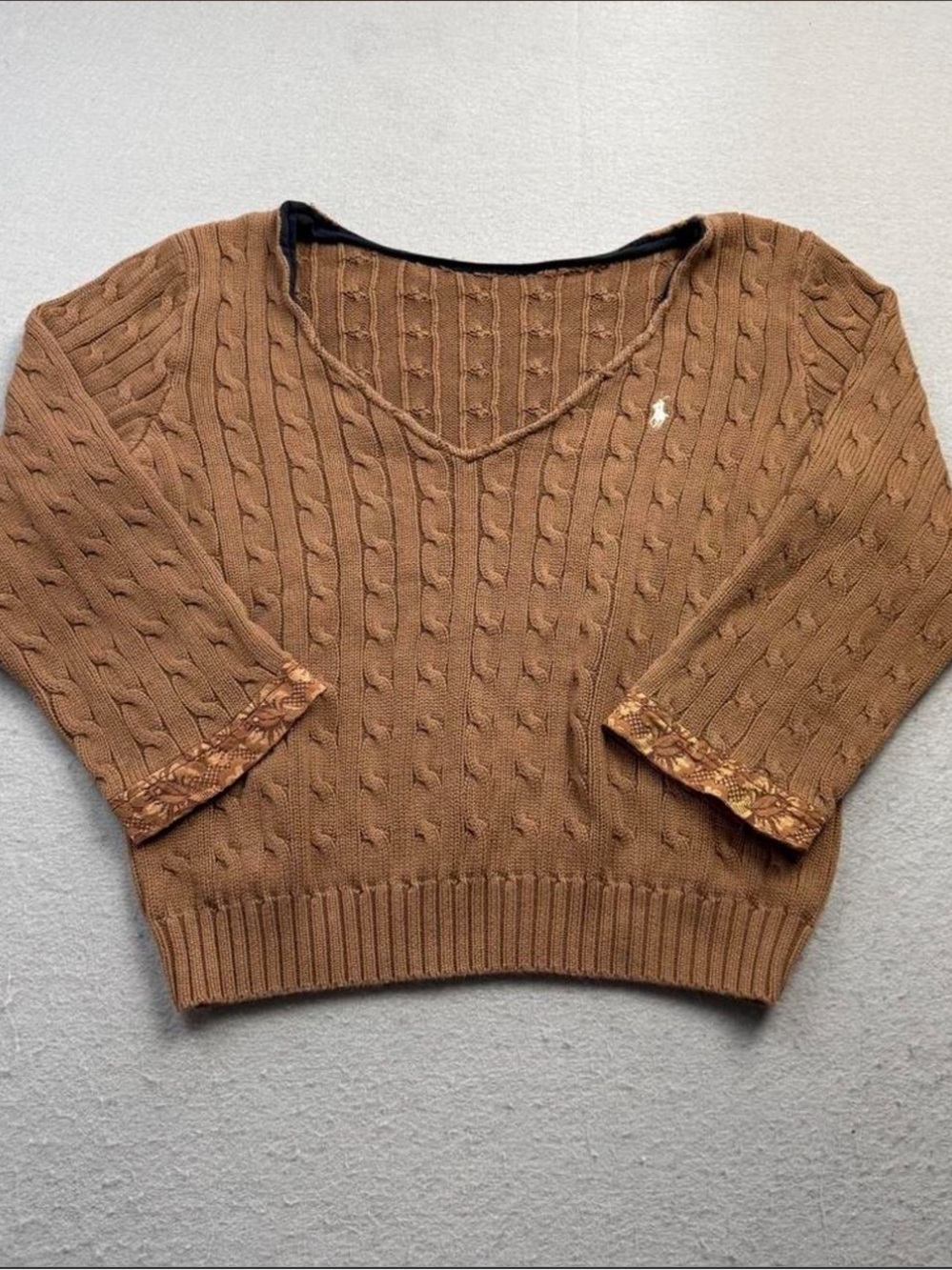 Polo Ralph Lauren Brown Cable Knit V-Neck Sweater Vintage Y2K Size S/M